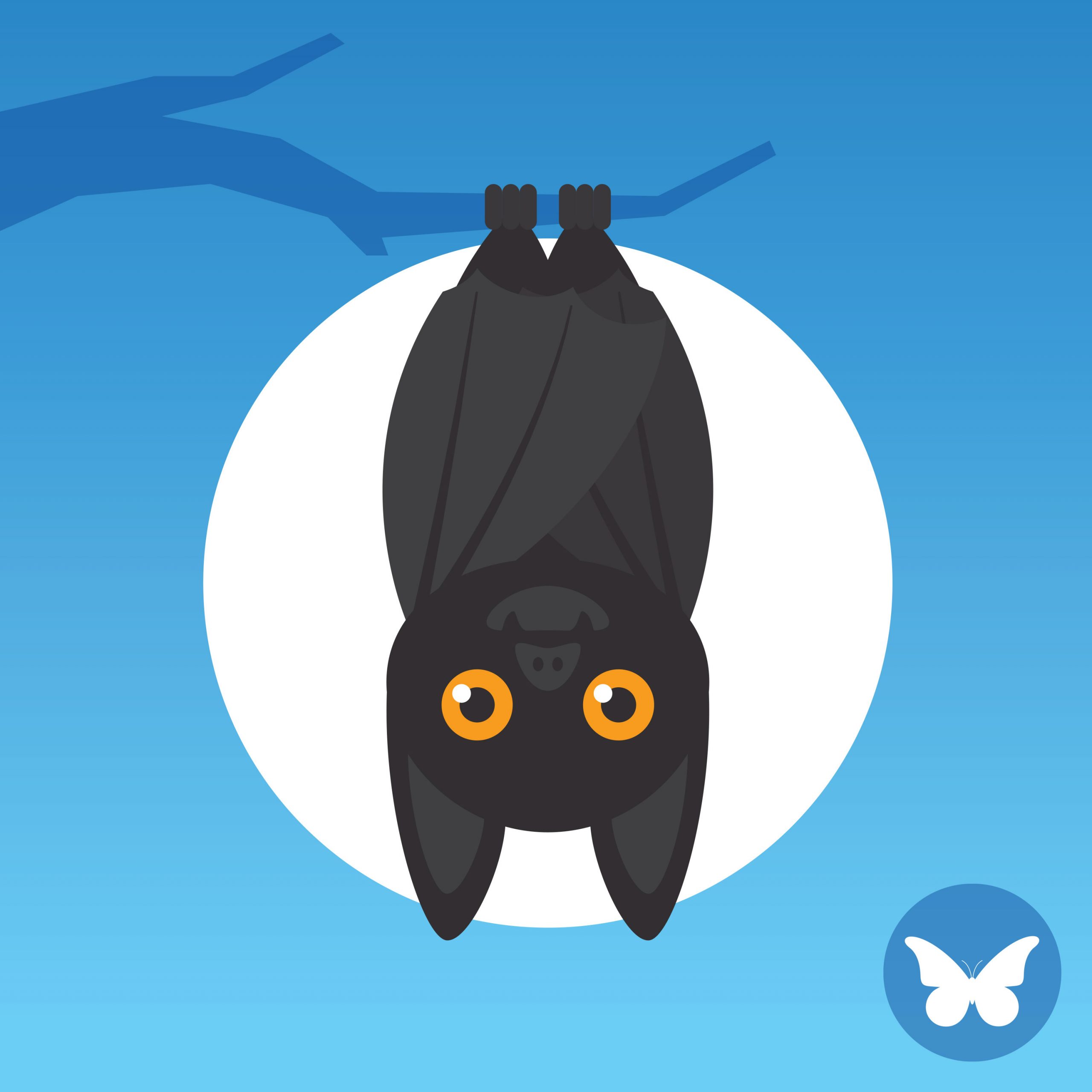 Illustration of a bat hanging upside down from a tree branch with a blue background.