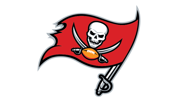 Pirate flag with a skull above two crossed swords and a football in the center of the swords